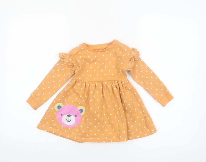 Dunnes Stores Girls Beige Polka Dot Long Sleeve Skater Dress 12-18 Months