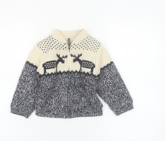 St Bernard Boys Beige & Grey Full Zip Knitted Reindeer Cardigan 2 Years