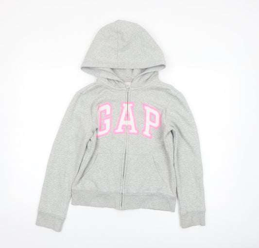 GAP Girls Grey Full Zip Logo Hoodie Size 12 Years Cotton Blend
