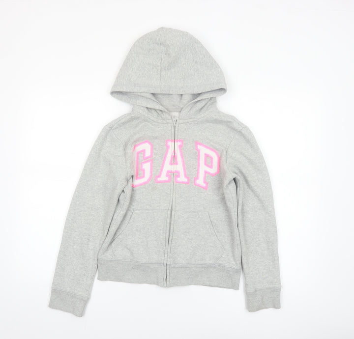 GAP Girls Grey Full Zip Logo Hoodie Size 12 Years Cotton Blend
