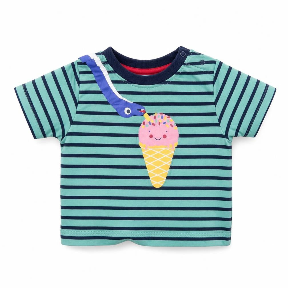 Front view of Lilly + Sid Blue Striped Dinosaur Ice Cream T-Shirt 3-6 Months unisex