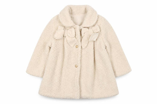 Front view of Visara girls’ ivory fleece bow coat 9-12 months long sleeve winter style