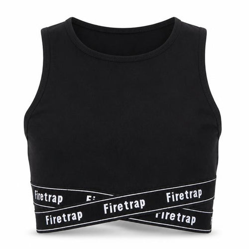 Firetrap Girls Black Cropped Tank Top 7-8 Years Logo Elastic Sports Style