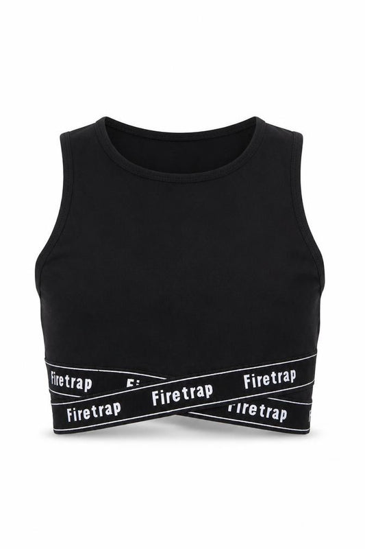 Firetrap Girls Black Cropped Tank Top 7-8 Years Logo Elastic Sports Style