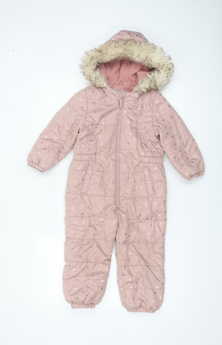 Tu Girls Pink Hooded Faux Fur Trim Puffer Snowsuit 3-4 Years Winter Warm