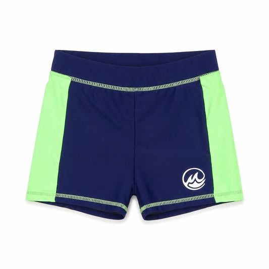 Front view of Fun in the Stones boys’ blue green swim shorts 7-8 years trunks