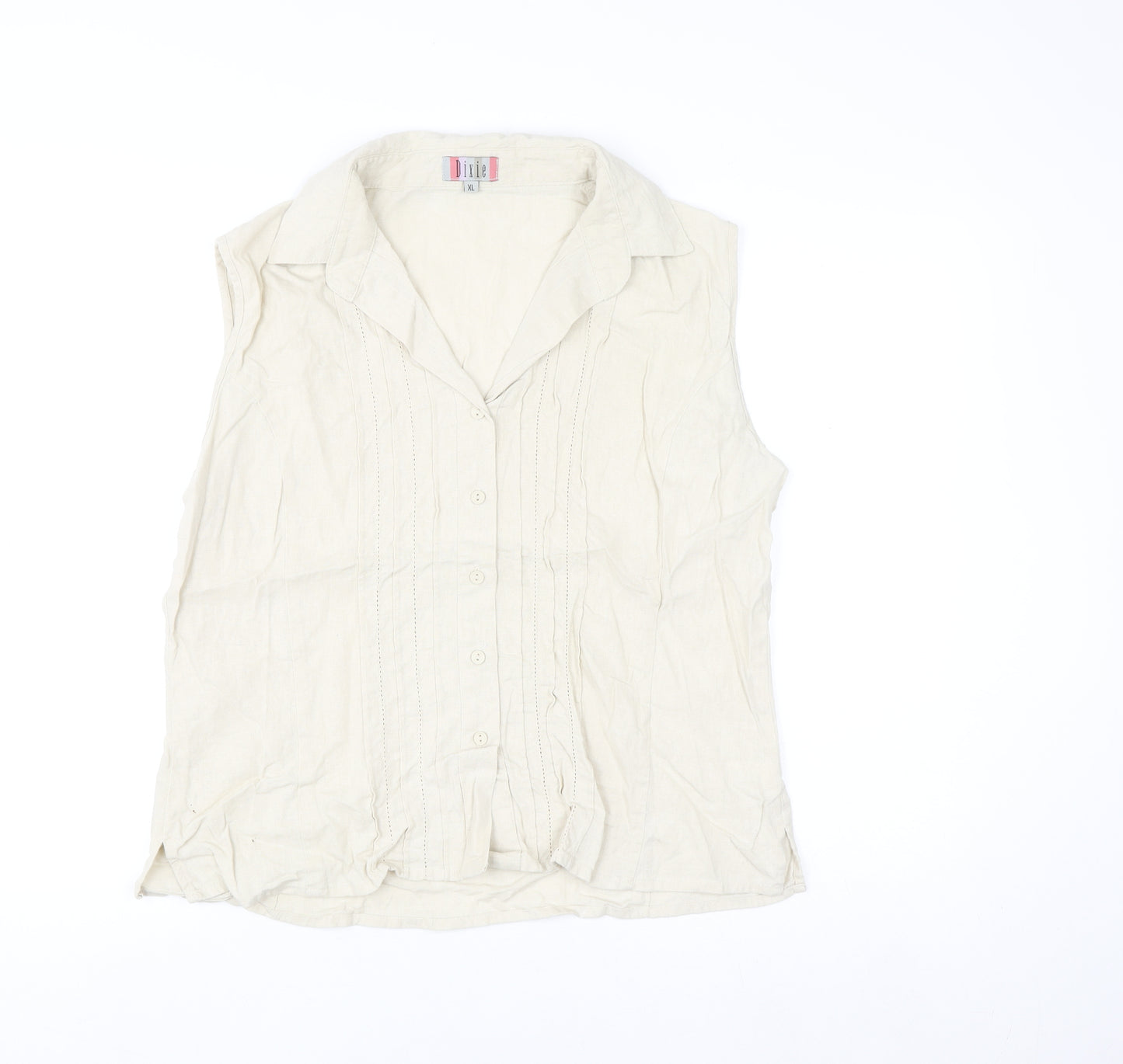 Dixie Women Beige Linen Blend Sleeveless Collared Blouse XL