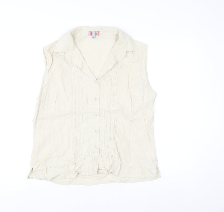 Dixie Women Beige Linen Blend Sleeveless Collared Blouse XL