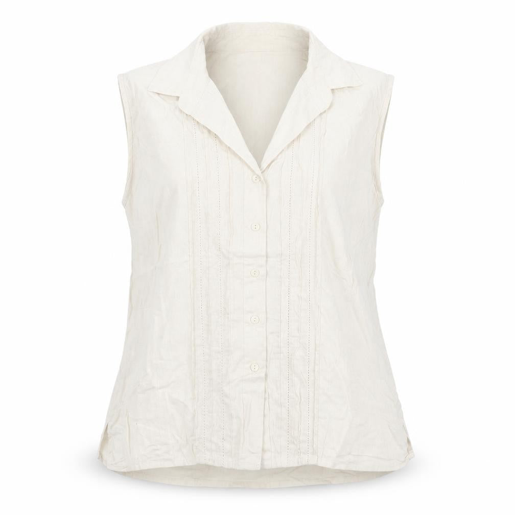 Front view of Dixie Women Beige Linen Blend Sleeveless Collared Blouse XL