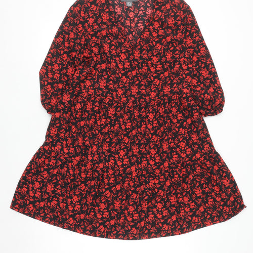 Primark Women’s Black Red Floral A-Line V-Neck 3/4 Sleeve Dress Size 8