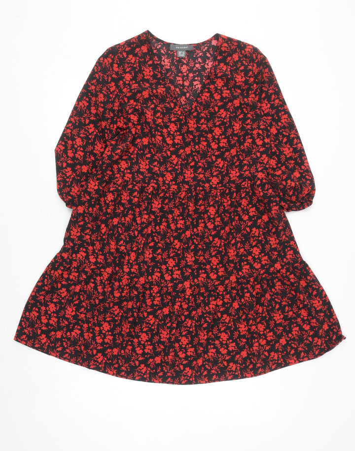 Primark Women’s Black Red Floral A-Line V-Neck 3/4 Sleeve Dress Size 8