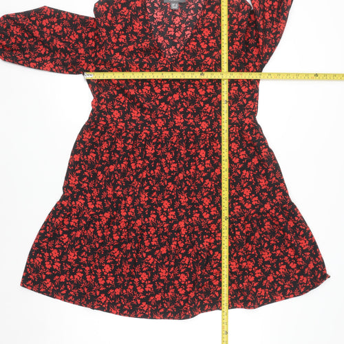 Primark Women’s Black Red Floral A-Line V-Neck 3/4 Sleeve Dress Size 8