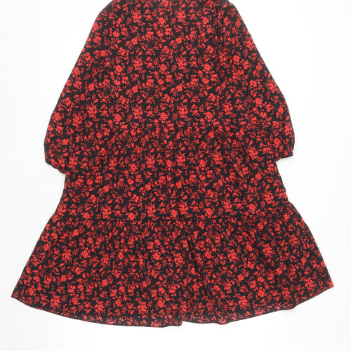 Primark Women’s Black Red Floral A-Line V-Neck 3/4 Sleeve Dress Size 8