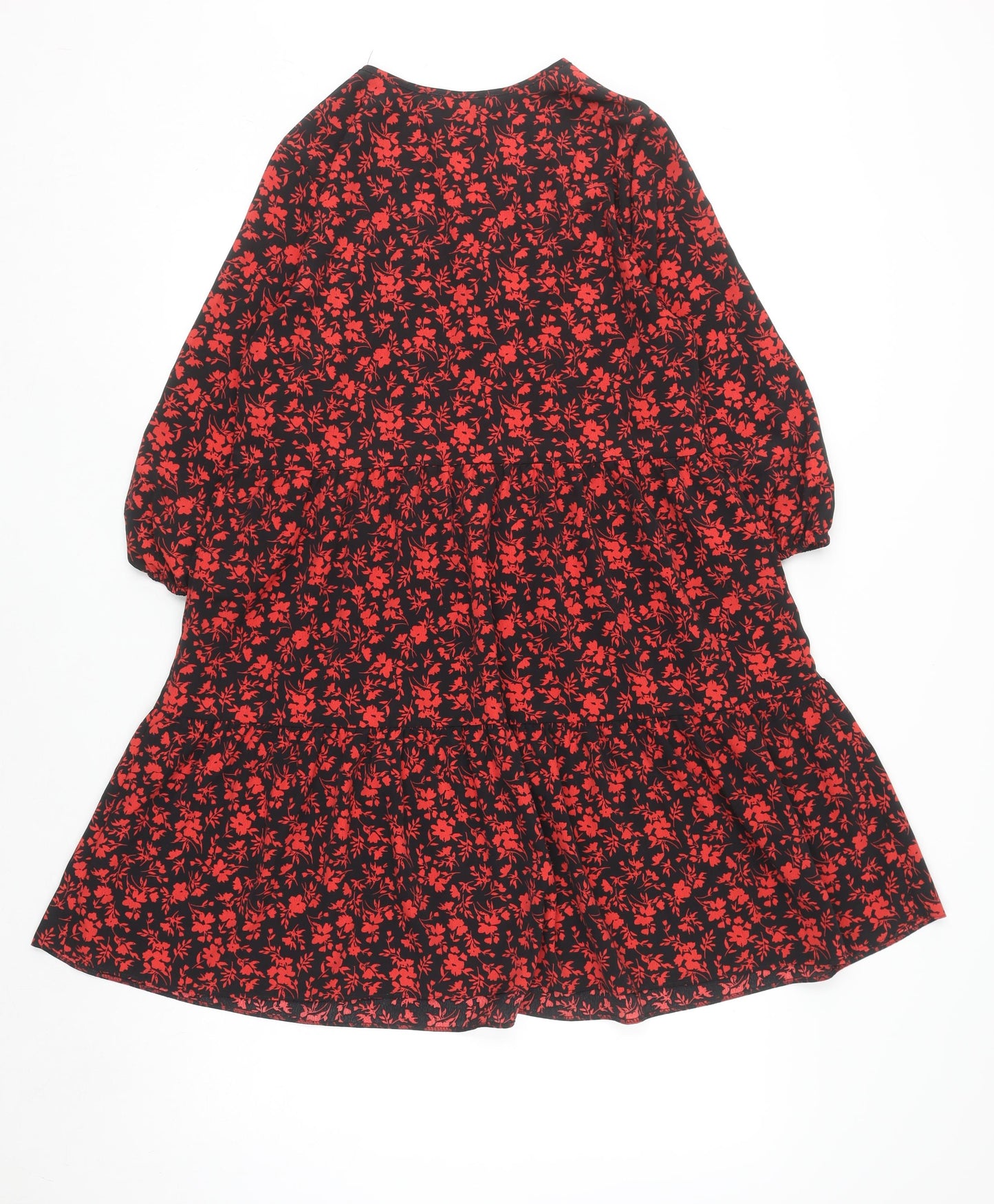 Primark Women’s Black Red Floral A-Line V-Neck 3/4 Sleeve Dress Size 8