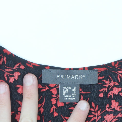 Primark Women’s Black Red Floral A-Line V-Neck 3/4 Sleeve Dress Size 8
