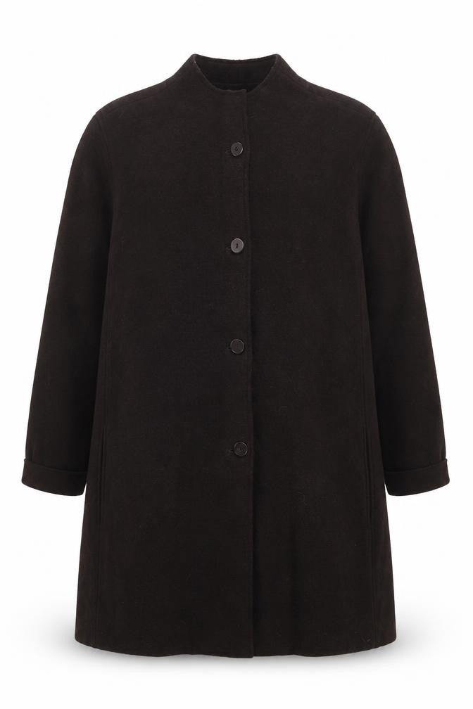 Front view of Mandarin Blue unisex adults brown wool mid-length overcoat 2xl