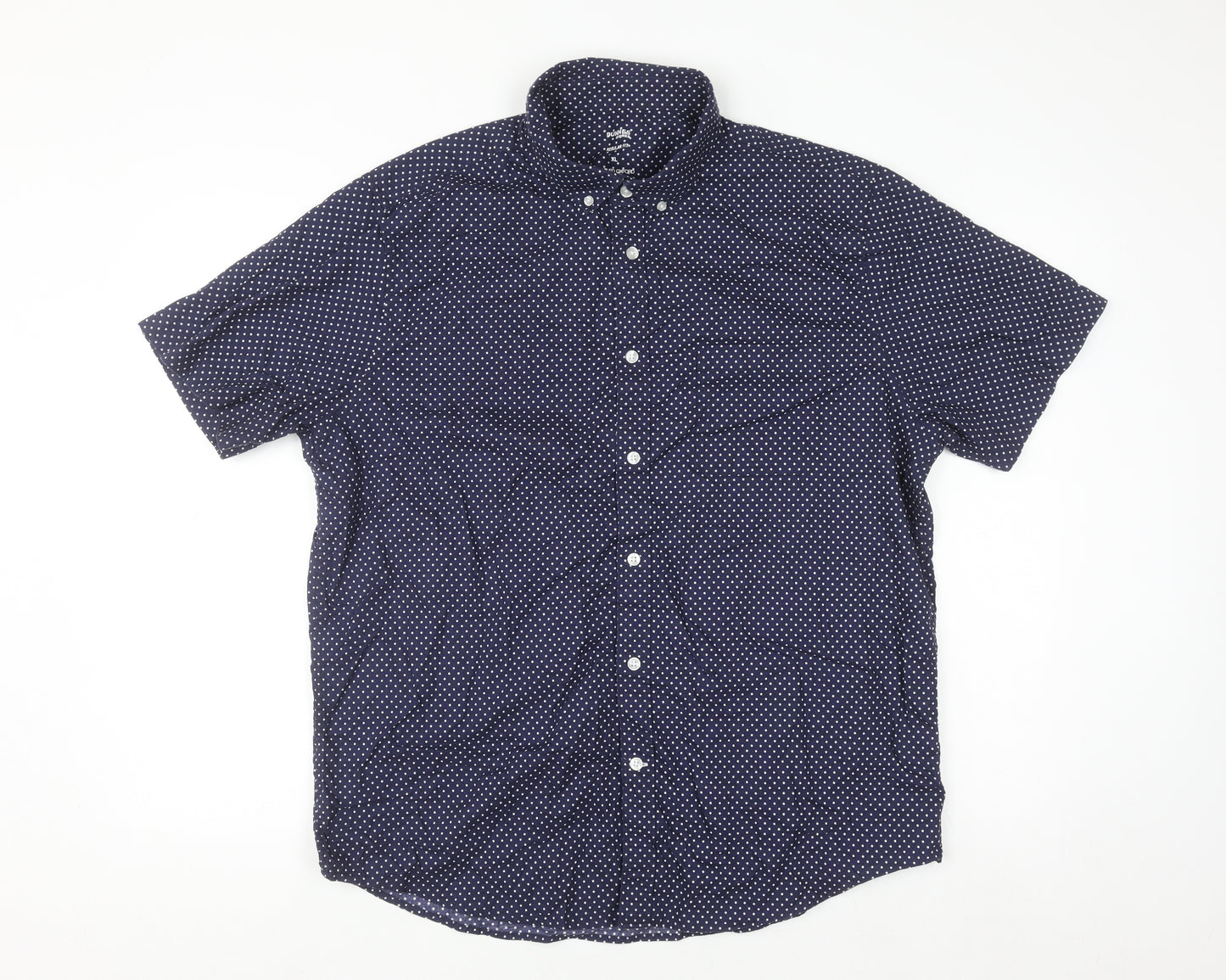 Dunnes Stores Men's Blue Polka Dot Short Sleeve Regular Fit Cotton Button-Up Shirt XL