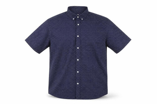 Front view of Dunnes Men's Blue Polka Dot Short Sleeve Regular Fit Cotton Button-Up Shirt XL