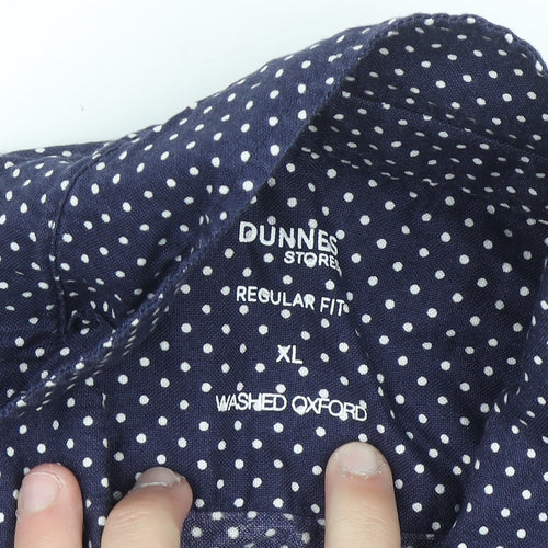 Dunnes Stores Men's Blue Polka Dot Short Sleeve Regular Fit Cotton Button-Up Shirt XL