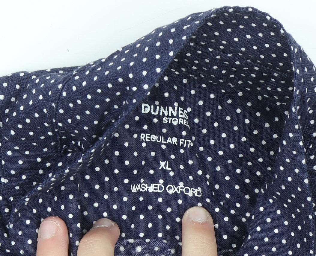 Dunnes Stores Men's Blue Polka Dot Short Sleeve Regular Fit Cotton Button-Up Shirt XL