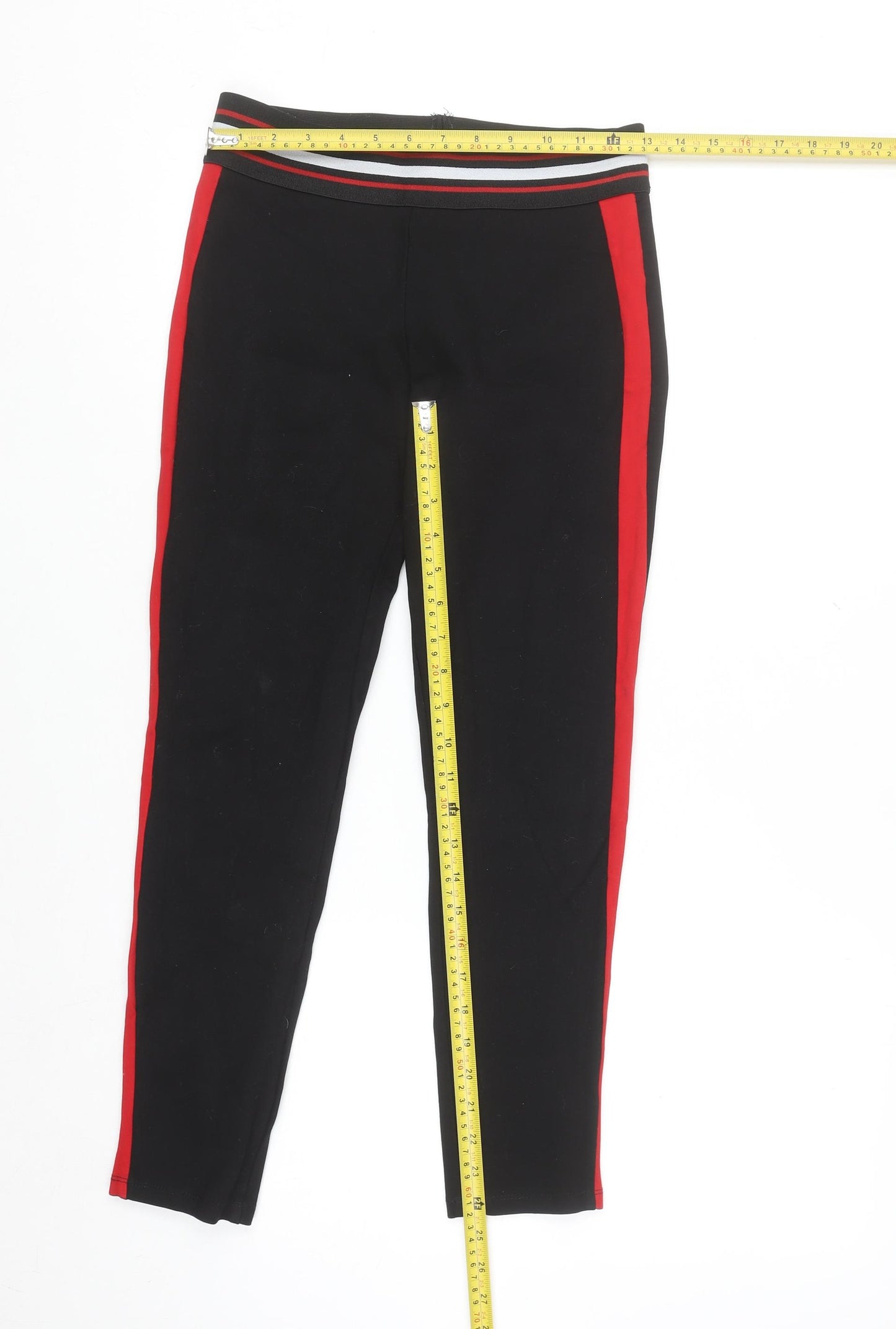 Zara Women Black Ankle Leggings Size 12 with Red Side Stripe