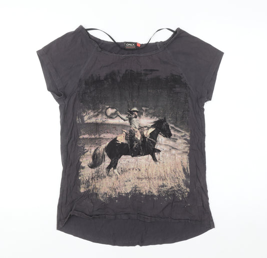 ONLY Women's Black Cowboy Graphic T-Shirt Medium Short Sleeve Cotton