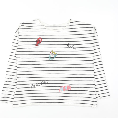 Mango Women White Striped Mermaid Embroidered Cotton Sweatshirt XS