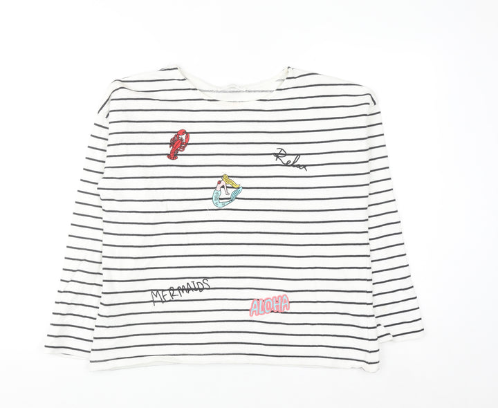Mango Women White Striped Mermaid Embroidered Cotton Sweatshirt XS