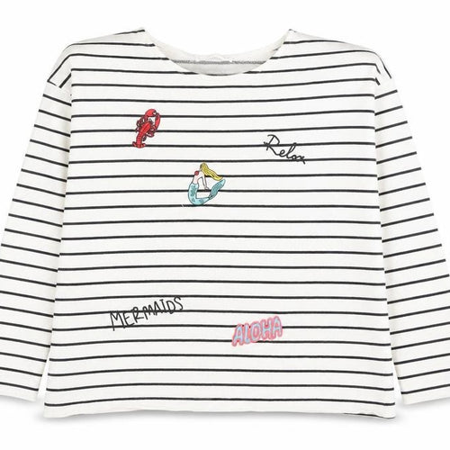 Mango Women White Striped Mermaid Embroidered Cotton Sweatshirt XS