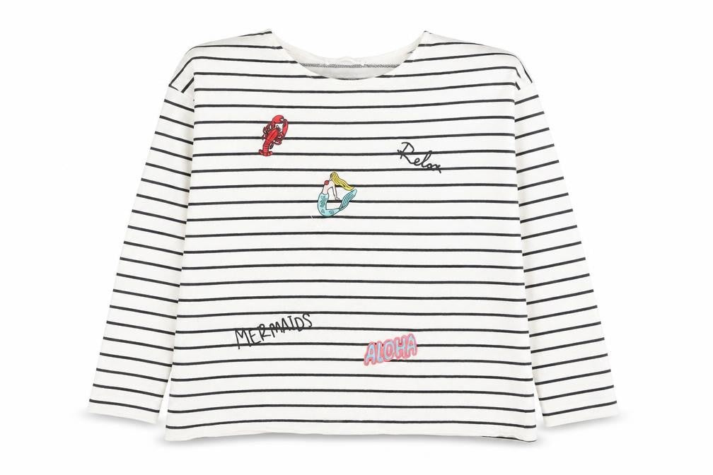 Mango Women White Striped Mermaid Embroidered Cotton Sweatshirt XS