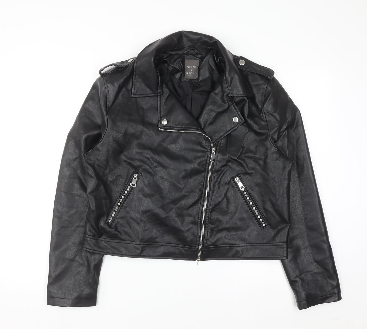 Primark Womens Black Faux Leather Biker Jacket Size L 14-16