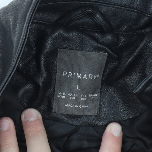 Primark Womens Black Faux Leather Biker Jacket Size L 14-16