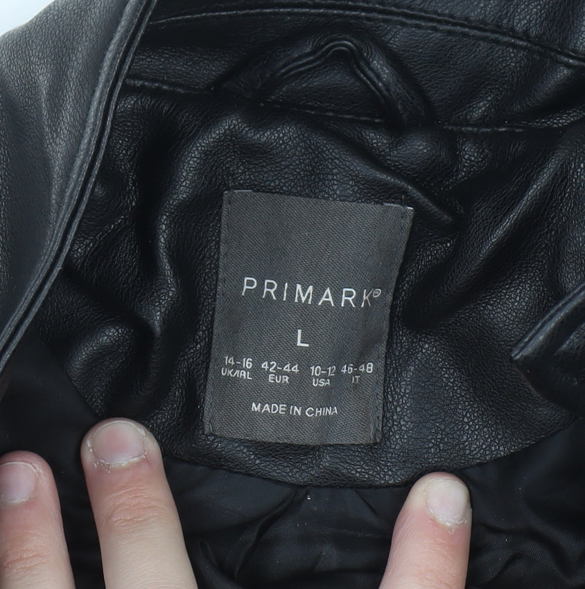 Primark Womens Black Faux Leather Biker Jacket Size L 14-16