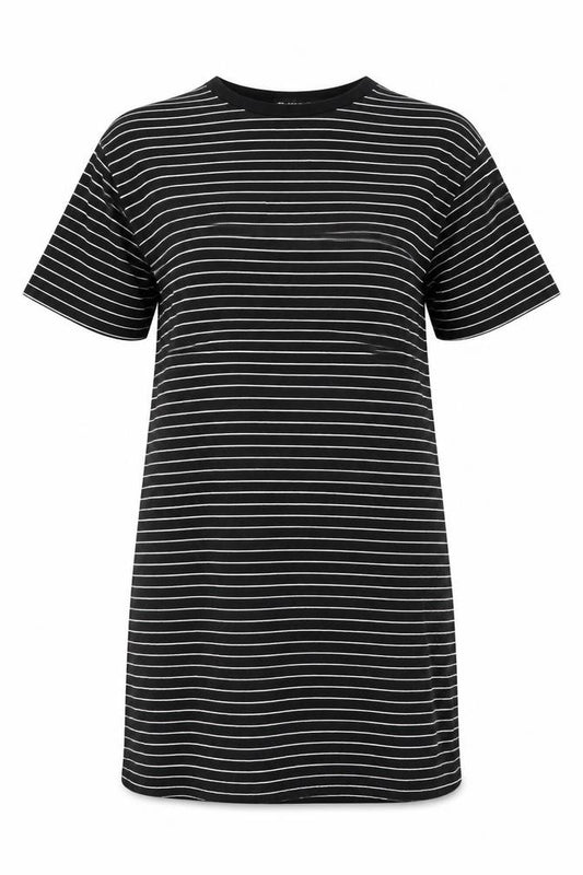 Front view of Boohoo Women Black Striped T-Shirt Dress, size 10