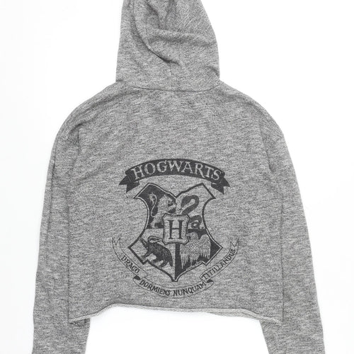 Harry Potter Women's Grey Cropped Pullover Hoodie Size 10 Hogwarts Print