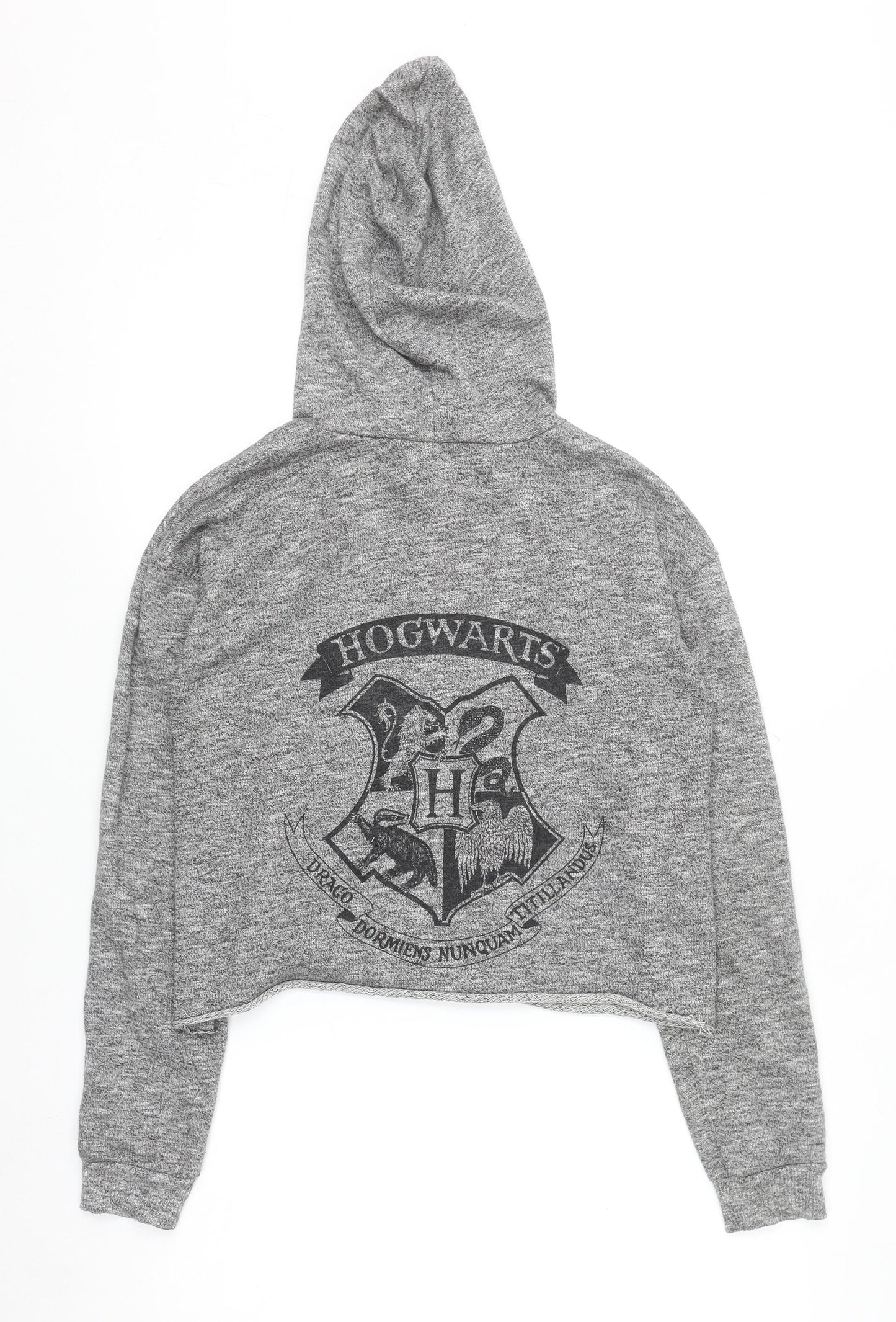Harry Potter Women's Grey Cropped Pullover Hoodie Size 10 Hogwarts Print
