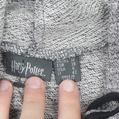 Harry Potter Women's Grey Cropped Pullover Hoodie Size 10 Hogwarts Print