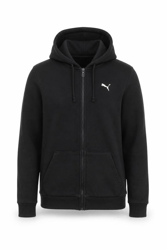 Front view of Puma Men's Black Full Zip Hoodie, size S, Sportswear Fleece