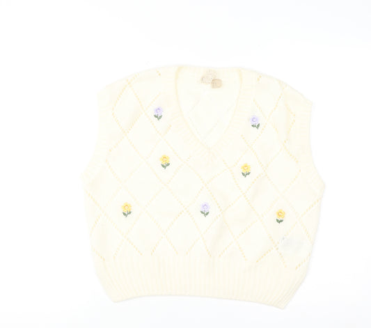 H&M Women’s Ivory Floral Embroidered Knit V-Neck Vest Size 12