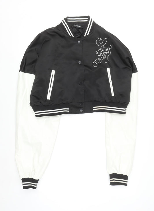 PrettyLittleThing Womens Black Varsity Jacket XL Cropped Los Angeles Embroidered
