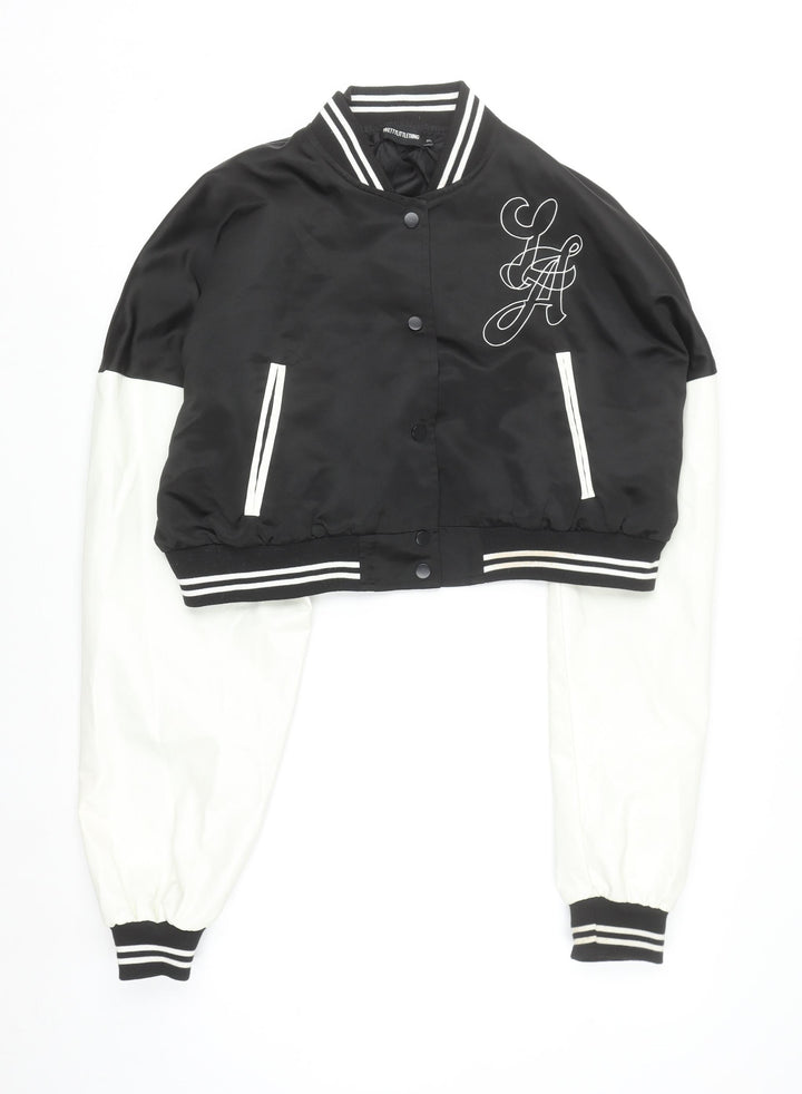 PrettyLittleThing Womens Black Varsity Jacket XL Cropped Los Angeles Embroidered