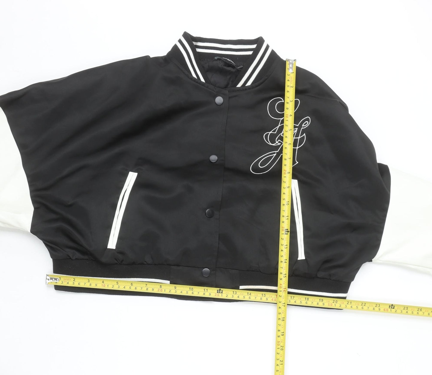 PrettyLittleThing Womens Black Varsity Jacket XL Cropped Los Angeles Embroidered