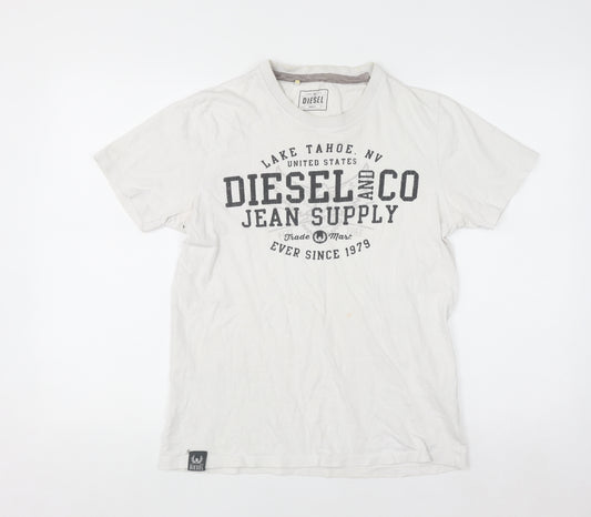 Diesel Men's White Graphic Print Cotton Crew Neck T-Shirt Small