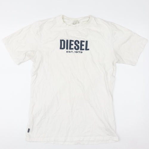 Diesel Men's White Small Logo Cotton Crew Neck T-Shirt