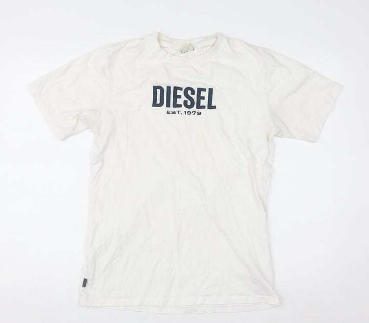 Diesel Men's White Small Logo Cotton Crew Neck T-Shirt