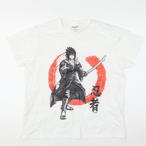 Friking Men's White Large Naruto Anime Graphic Print T-Shirt