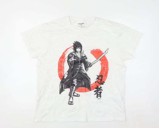 Friking Men's White Large Naruto Anime Graphic Print T-Shirt