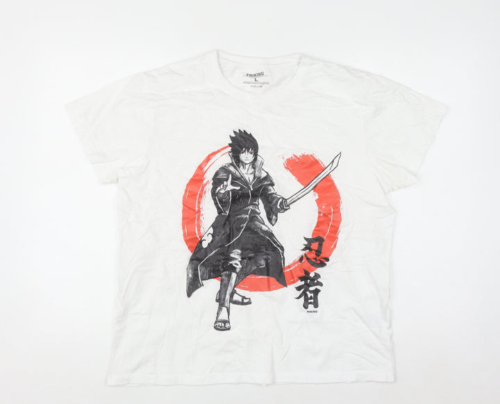 Friking Men's White Large Naruto Anime Graphic Print T-Shirt