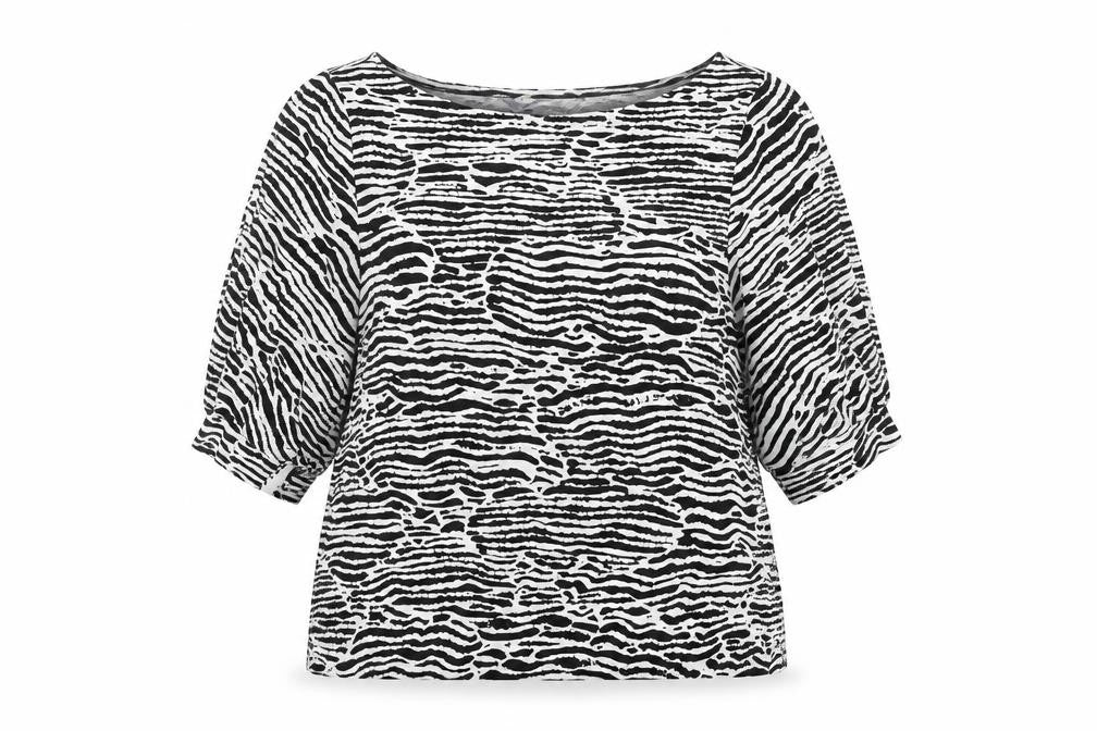 Front view of H&M Women's Black & White Animal Print Puff Sleeve Blouse, size S
