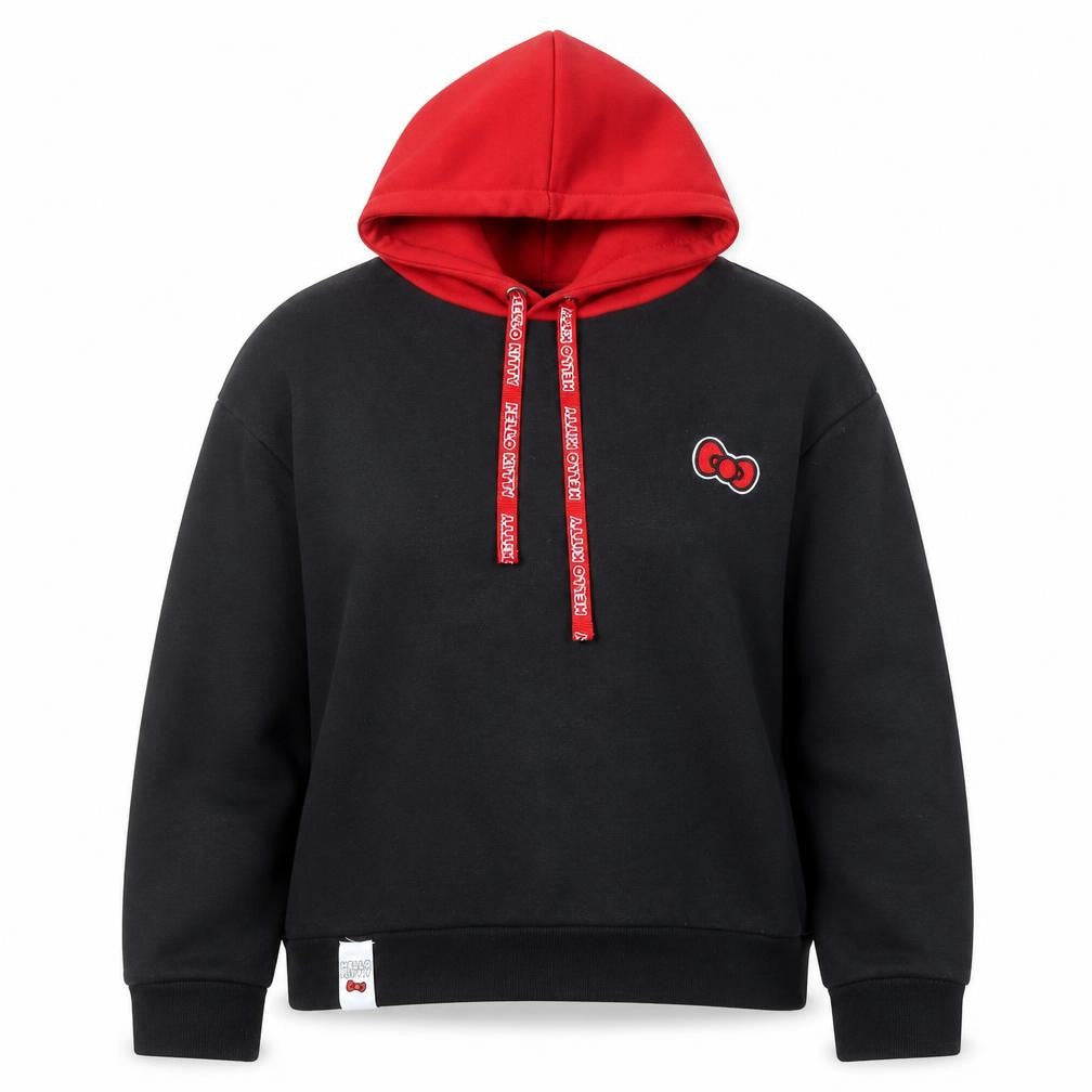 Front view of Hello Kitty Women's Black Red Pullover Hoodie, size M